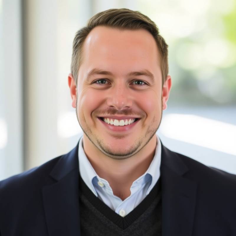 A smiling portrait of Jackson Wright, the SEO Specialist at Apex Digital Solutions, conveying expertise and approachability.