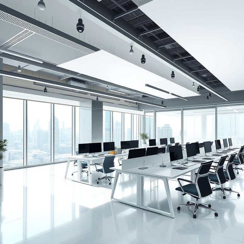Bright and modern office interior of Apex Digital Solutions, featuring open workspaces, collaborative areas, and a view of the city skyline.