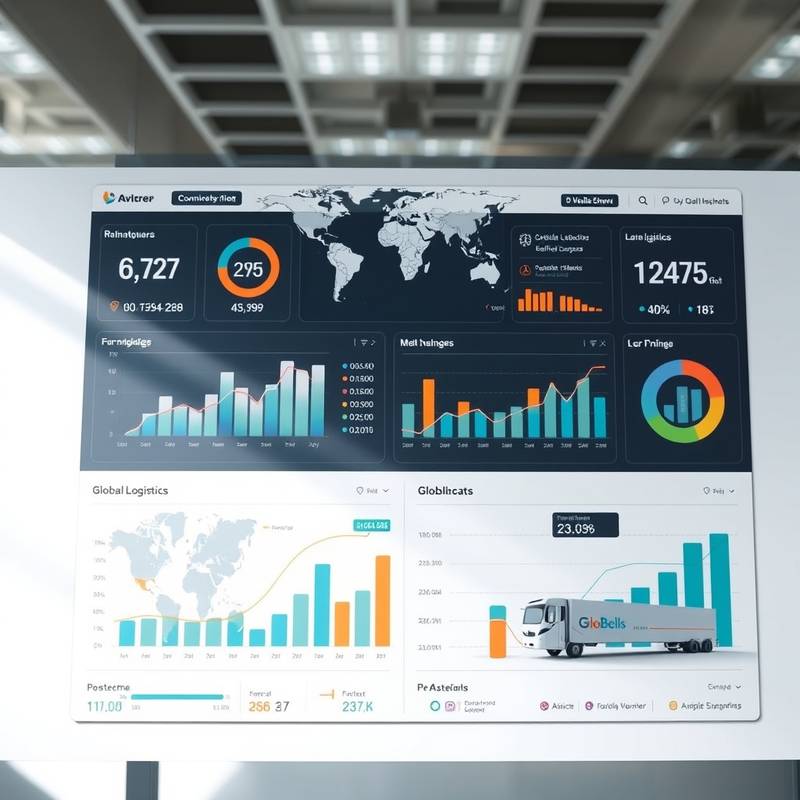Image of the 'Global Logistics' website dashboard, displaying real-time data visualizations and key performance indicators for logistics management, showcasing a clean and efficient interface.