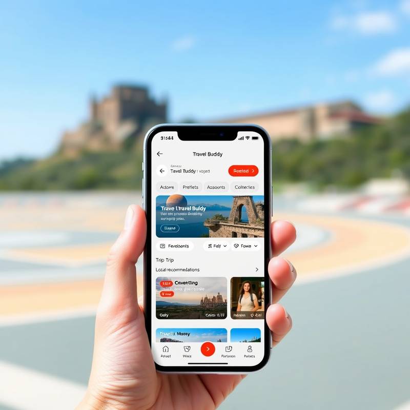 The 'Travel Buddy' app interface displayed on a smartphone, highlighting features like trip planning, local recommendations, and real-time updates.